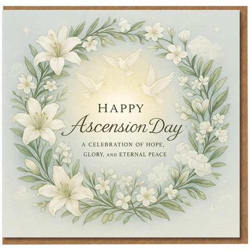 Ascension Day Card - Elegant White Lilies Wreath with Doves and Radiant Light - 'Happy Ascension Day' Religious Greeting
