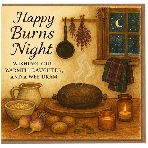 Happy Burns Night Card - Cosy Scottish Kitchen with Haggis, Neeps & Tatties, Candles and Tartan - 'Wishing You Warmth, Laughter, and a Wee Dram'