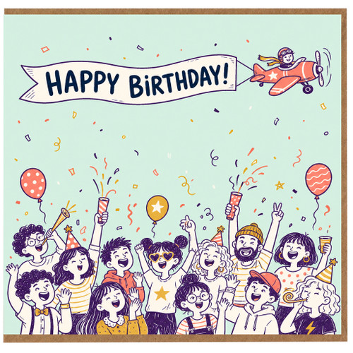 Birthday Card, Fun Celebration Plane and Party Crowd Design