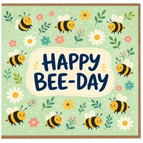 Birthday Card, Happy Bee - Day Cute Bee and Flower Card