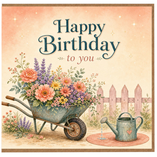Birthday Card, Floral Garden Wheelbarrow Design
