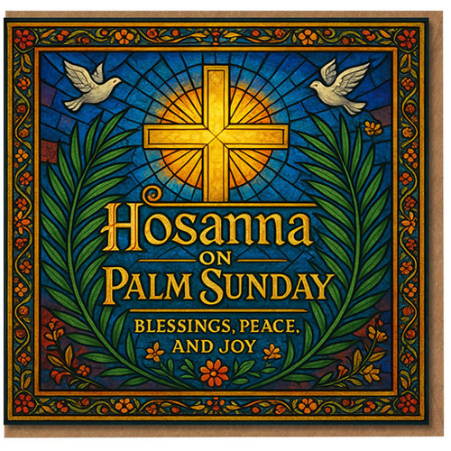 Hosanna on Palm Sunday Greeting Card - Cross with Radiant Sun, Doves and Palm Leaves - 'Blessings, Peace, and Joy' Christian Stained-Glass Style