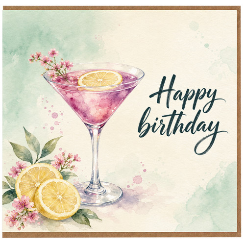 Birthday Card, Cocktail Martini Lemon Floral Birthday Card