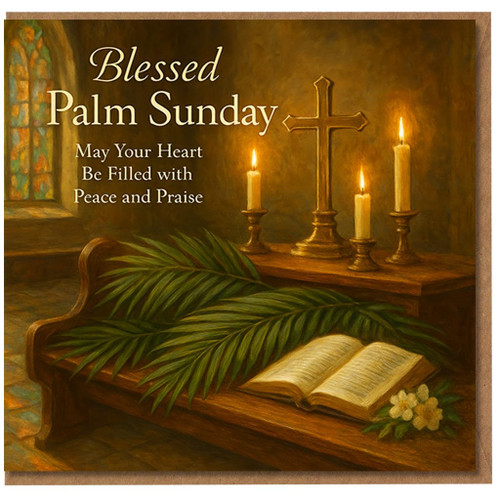 Blessed Palm Sunday Christian Card - Peace and Praise Message with Cross, Candles, Palm Leaves and Bible - Religious Greeting for Friends and Family