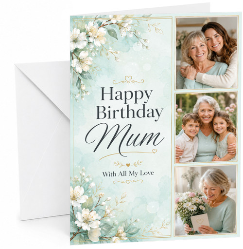 Personalised Mum Birthday Card with 3 Photos & Custom Message – Green Floral A5 Card