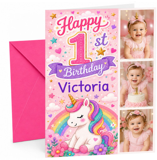 Personalised 1st, 2nd, 3rd, 4th, 5th or 6th Birthday Card with 3 Photos & Name