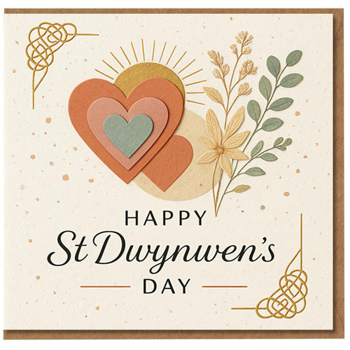 St Dwynwen’s Day Card - Elegant Layered Hearts, Sun Rays and Floral Welsh Love Design - Happy St Dwynwen’s Day Greeting Card