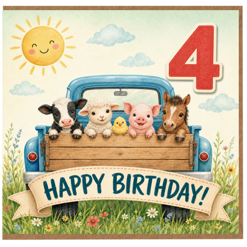 Son 4th Birthday Card, Cute Farm Animals in Truck Happy Birthday Card