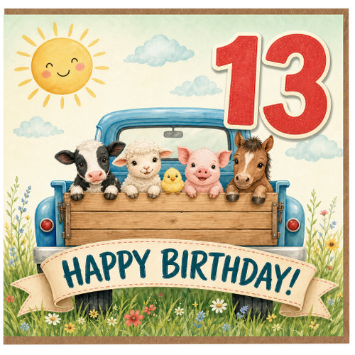 Granddaughter 13th Birthday Card, Cute Farm Animals Birthday Card, Happy 13th Birthday Card