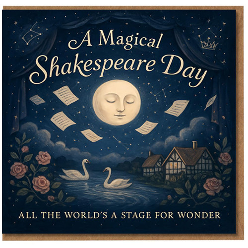 Shakespeare Birthday Card - A Magical Shakespeare Day, Moonlit Theatre Scene with Swans and Roses - 'All the World's a Stage for Wonder' - For Literature & Theatre Lovers