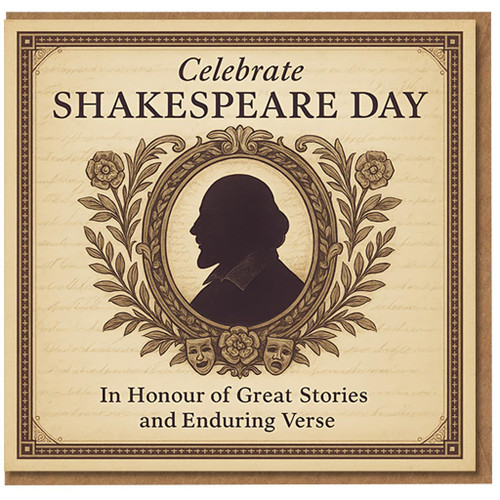 Celebrate Shakespeare Day Greeting Card - Vintage Silhouette with Laurel Wreath and Masks - In Honour of Great Stories and Enduring Verse - Literary Celebration Card