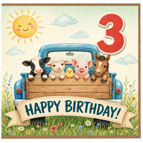3rd Birthday Card, Cute Farm Animals Truck Happy Birthday