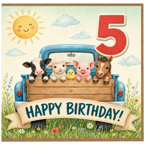 5th Birthday Card, Cute Farm Animals Truck Happy Birthday Card