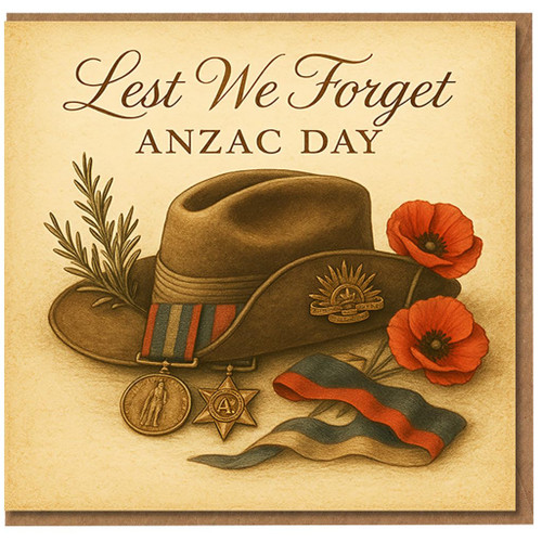 Lest We Forget ANZAC Day Remembrance Card - Slouch Hat, Medals, Red Poppies & Rosemary - Heartfelt Military Tribute Greeting Card