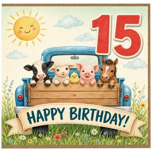 15th Birthday Card, Farm Animals Truck Birthday Card