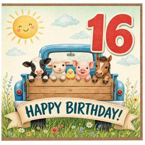 16th Birthday Card, Cute Farm Animals Happy Birthday Card