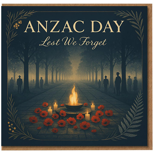ANZAC Day Remembrance Card - Lest We Forget - Poppies, Eternal Flame, Candles and Soldier Silhouettes - Sympathy/Condolence
