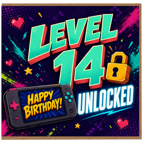 14th Birthday Card, Gaming Level 14 Unlocked Happy Birthday Card