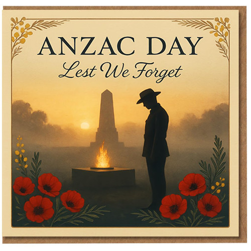 ANZAC Day 'Lest We Forget' Remembrance Card - Soldier Silhouette at Dawn with Eternal Flame, Cenotaph and Red Poppies - Memorial Sympathy Card