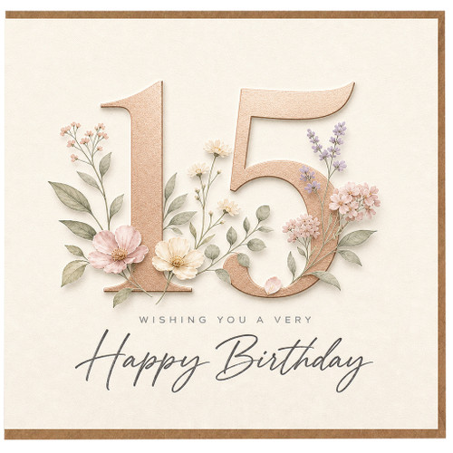 15th Birthday Card, Floral Happy Birthday Card for Age 15