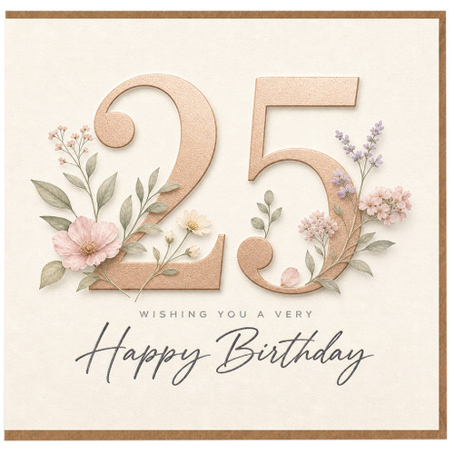 25th Birthday Card, Floral Happy Birthday Card