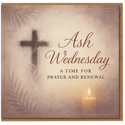 Ash Wednesday Greeting Card - Cross in Ash, Candle and Palm - A Time for Prayer and Renewal - Religious Lent Card