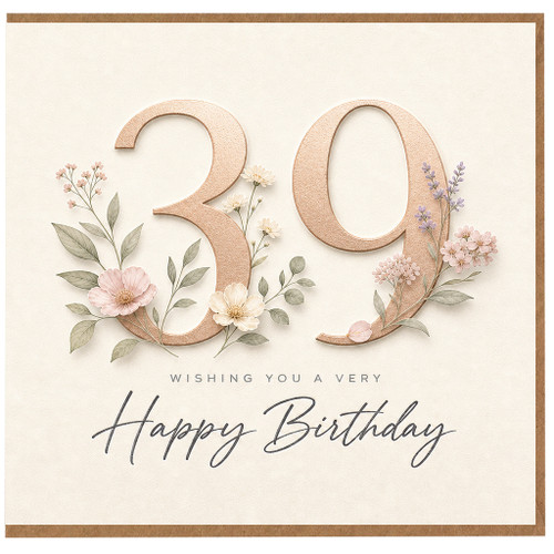 39th Birthday Card, Floral Happy Birthday Card