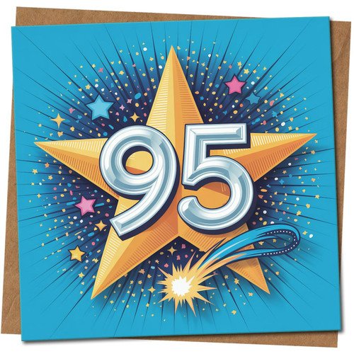 95th Birthday Card - Starburst and Shooting Star Design - Milestone Age 95 - Square 145mm x 145mm -, Includes Kraft Envelope