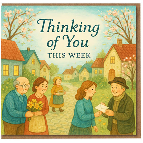 Thinking of You Card - Village Scene with Blossoms and Kind Neighbours - Heartfelt Support, Sympathy and Care Message