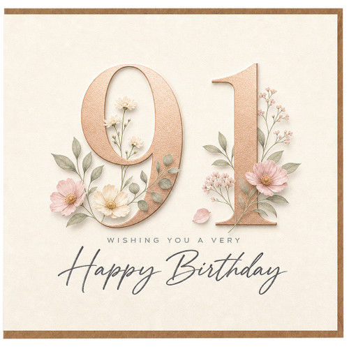91st Birthday Card, Floral Happy Birthday Card