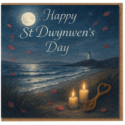 St Dwynwen's Day Card - Romantic Welsh Coastal Night Scene with Moon, Lighthouse, Candles and Lovespoon - Happy St Dwynwen's Day - Welsh Valentine's Card for Partner