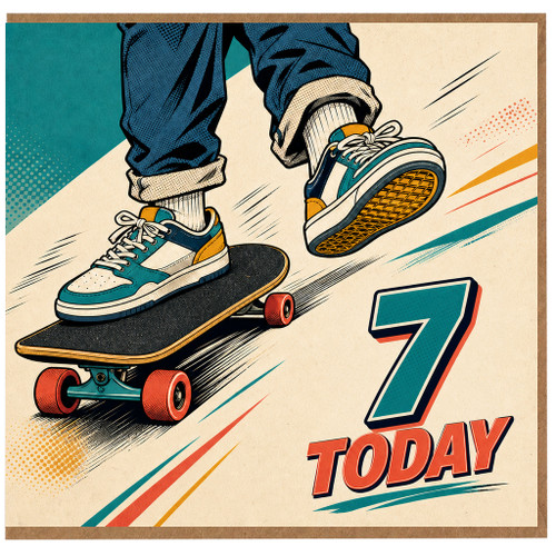 7th Birthday Card, Retro Skateboard Design, 7 Today