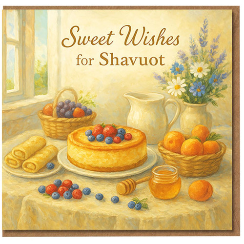 Sweet Wishes for Shavuot Card - Cheesecake with Berries, Honey Jar and Spring Flowers Illustration - Jewish Holiday Greeting Card