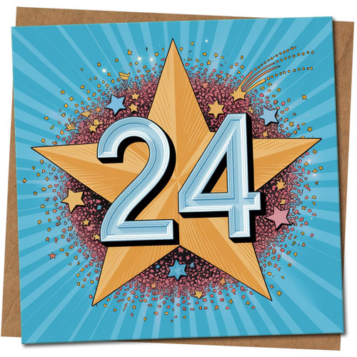 24th Birthday Card - Starburst Design on Blue - Square 145mm x 145mm - Bright Celebration Number Card -, Includes Kraft Envelope