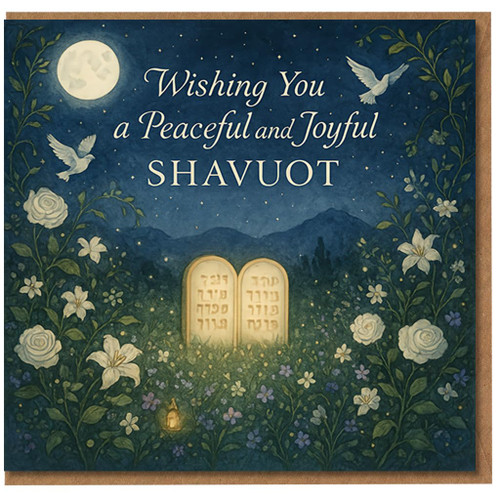 Shavuot Greeting Card - Wishing You a Peaceful and Joyful Shavuot, Night Garden with Doves, Lilies and Ten Commandments Tablets - Jewish Holiday Card