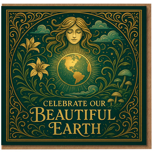 Celebrate Our Beautiful Earth Greeting Card - Elegant Botanical Design with Goddess and Globe, Nature Lover, Earth Day or General Occasion