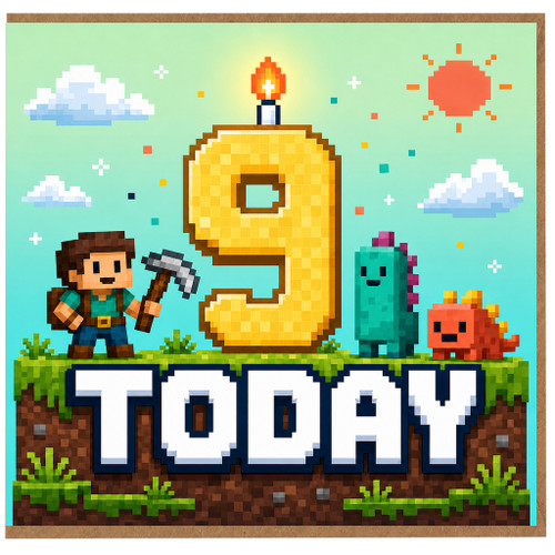 9th Birthday Card, Pixel Game Style