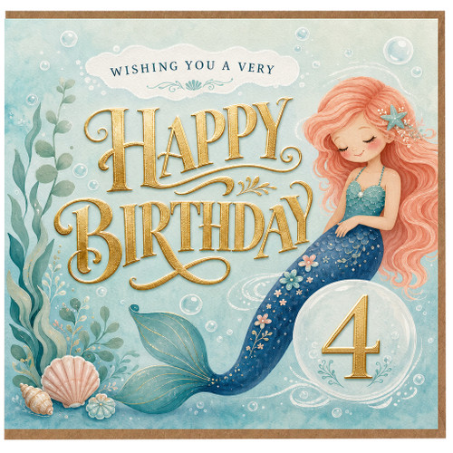 4th Birthday Card, Mermaid Birthday Card