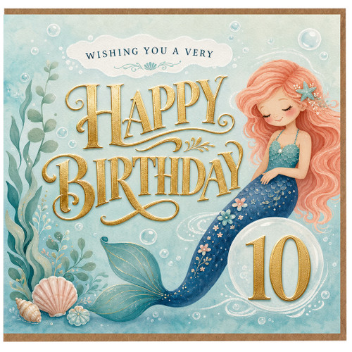 10th Birthday Card, Mermaid Happy Birthday Card