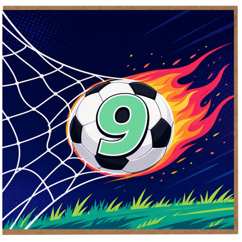 9th Birthday Card, Soccer Football Goal Flame Design