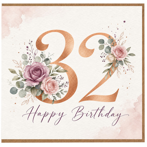 32nd Birthday Card, Floral Happy Birthday Card for Her