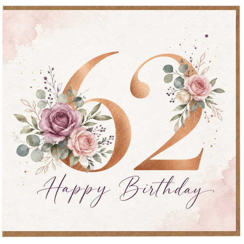 62nd Birthday Card, Floral Happy Birthday Card for Her