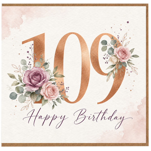 109th Birthday Card, Floral Happy Birthday Card for Her, Elegant Rose Gold Number 40 Birthday Card