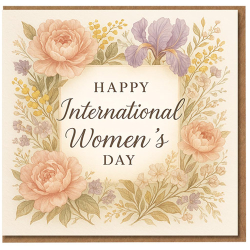 International Women's Day Card - Elegant Floral Border with Peonies & Iris - Happy International Women’s Day Greeting for Her, Friend, Mum or Colleague