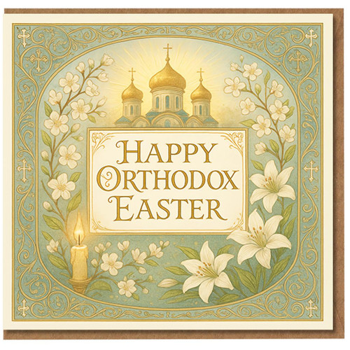Orthodox Easter Card with Church Domes, Lilies and Candle - Happy Orthodox Easter Greeting