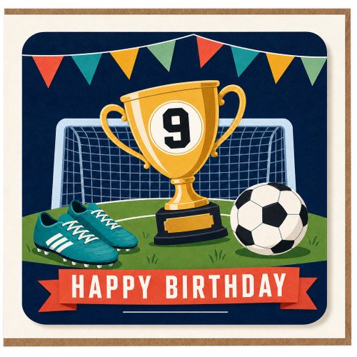 9th Birthday Card, Football Trophy and Soccer Ball Birthday Card