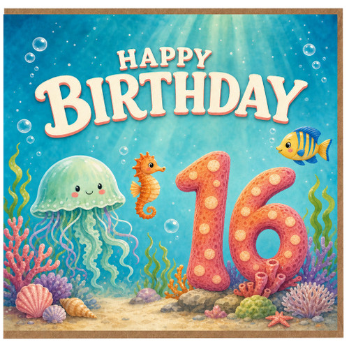 16th Birthday Card, Cute Underwater Sea Life Birthday Card