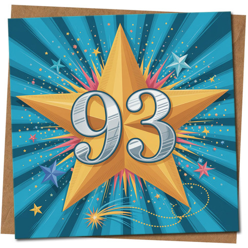 93rd Birthday Card - Starburst Design - Age 93 Celebration - 145mm x 145mm Square - Colourful Stars -, Includes Kraft Envelope