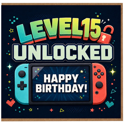 15th Birthday Card, Level 15 Unlocked Happy Birthday Gaming Card