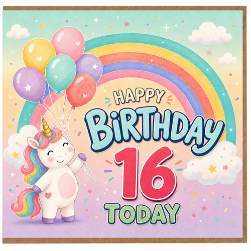 16th Birthday Card, Unicorn Birthday Card for 16 Year Old Girl